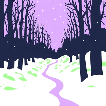 A snowy path winds its way through a dense forest filled with tall, dark trees. The ground is covered in a thick layer of snow, with soft white drifts surrounding the path. The trees, with their twisted branches, create a foreboding silhouette against the sky. In the background, shadows loom, hinting at the depth of the forest. The atmosphere appears cold and still, with snowflakes gently falling from above, blanketing the scene in a tranquil yet eerie silence.