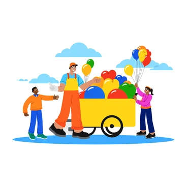 A vendor stands behind a colorful cart filled with an array of bright, helium-filled circus balloons. The balloons are in various shapes, including round, heart-shaped, and star-shaped, each displaying vibrant colors like red, blue, yellow, and green. The vendor wears a cheerful outfit, with a colorful apron and a big smile, as they hold a bunch of balloons in one hand. Nearby, children are eagerly pointing at the balloons, their faces filled with excitement. The scene is lively, with a sunny day and a few fluffy clouds in the sky.