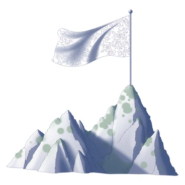 A flag adorned with intricate patterns and designs is prominently displayed, waving in the wind at the peak of a rugged mountain. The flag is attached to a sturdy flagpole, which stands firmly on the rocky terrain. The mountain is steep and craggy, with patches of greenery visible in the crevices. The sky above is vast, with clouds drifting slowly. The scene conveys a sense of national pride and freedom through the presence of the flag against the dramatic backdrop of nature.