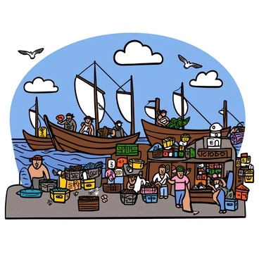 A bustling Bilgewater dock filled with activity. Multiple ships of various sizes are moored at the docks, their sails furled. Fishermen with tan skin are unloading crates of fresh fish, working diligently, while others are mending their nets. Pirate merchants with rugged clothing and accessories are haggling over goods, standing near wooden stalls displaying colorful trinkets and supplies. The sky is bright blue with a few fluffy white clouds, enhancing the lively atmosphere of the scene. Seagulls are flying overhead, adding to the sense of a vibrant maritime environment.