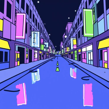 A city street at night with tall buildings lining both sides. The scene is illuminated by vibrant neon signs displaying various colors, such as pink, blue, and green. The neon lights create colorful reflections on the wet pavement, enhancing the lively atmosphere. The ground is slick and shiny, reflecting the bright hues from above. A few scattered puddles are present, mirroring the lights and adding depth to the scene.