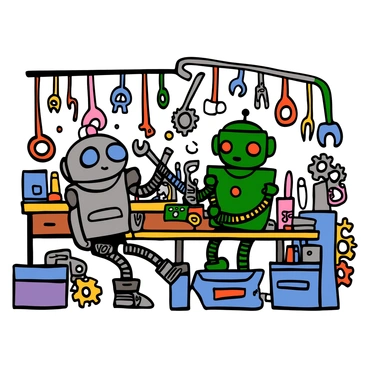 A pair of friendly robots are collaborating in a quirky workshop filled with various tools and gadgets. One robot has a shiny silver body with bright blue lights and is holding a wrench, while the other robot has a matte green finish with expressive eyes and is adjusting a small gadget on a workbench. The workshop is cluttered with colorful tools hanging on the walls, and there are gears and circuit boards scattered across the tables, showcasing a lively and industrious atmosphere.