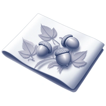 A piece of fabric is displayed prominently, showcasing an intricate acorn motif design. The design features several acorns, each detailed with textured patterns that highlight their natural beauty. Surrounding the acorns are finely drawn leaves, adding depth and complexity to the composition. The fabric is arranged in a way that allows the patterns to be fully visible, emphasizing the harmony of the acorn and leaf elements. The overall presentation enhances the visual appeal of the motif, making it a striking focal point.
