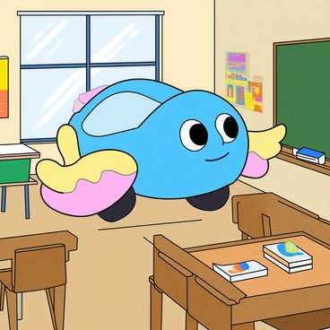 A whimsical cartable with a bright blue exterior featuring large, cartoonish eyes on the front. The cartable has large, fluffy wings on either side, colored in soft pastel shades of yellow and pink. It is soaring through a classroom filled with colorful posters on the walls and a wooden desk with scattered books. A large window allows sunlight to stream into the room, illuminating the cartable as it glides above a green chalkboard. The classroom is lively, with a few chairs pushed askew, as if the students were just in the middle of their activities.