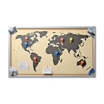 A large world map displayed on a corkboard, featuring multiple colored pins indicating various mission locations across different countries. Each pin is connected to handwritten notes with details about the missions. The map includes geographical features such as mountains and rivers, and the edges of the corkboard are decorated with photographs related to the missions. The overall composition is organized and visually engaging.