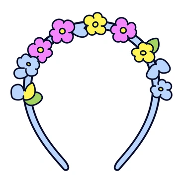A hairband with a thin, flexible structure covered in a pastel color. The hairband is adorned with small, vibrant flowers in varying colors such as pink, yellow, and blue. Each flower has delicate petals and a bright green leaf attached, creating a lively spring aesthetic. The flowers are evenly spaced around the hairband, adding a playful touch to its overall appearance.