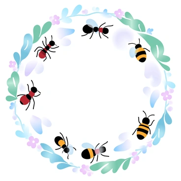 A circular composition features various insects highlighting their life cycles. Ants are depicted at different stages, including eggs, larvae, pupae, and adult workers. Bees are shown transitioning from eggs to larvae, pupae, and fully grown bees. The background consists of green foliage and colorful flowers, creating a natural environment. Each section of the circle is filled with vibrant details, showcasing the unique characteristics of each insect's lifecycle. The overall scene is framed by delicate swirling patterns of leaves and flowers.