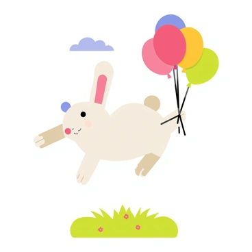 A rabbit with soft white fur is holding a bunch of colorful balloons in its small paws. The balloons are in various bright colors, including red, blue, yellow, and green, all tied together with thin strings. The rabbit's ears are perked up as it floats gently in the air, with a serene expression on its face. Below the rabbit, a grassy field is visible, dotted with small flowers, while a few fluffy white clouds drift in the blue sky above.