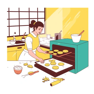 A yellow kitchen filled with warm light streaming in through a window. In the center of the kitchen, there is a baker wearing a white apron, carefully pulling a tray of freshly baked cookies out of a teal oven. The cookies are golden brown and appear perfectly baked, with a slight shine on their surface. The countertop is cluttered with baking tools, including measuring cups and a rolling pin, while a small bowl of flour sits nearby. The warm light enhances the inviting atmosphere of the scene.