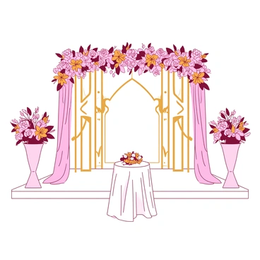 A white decorated stage is set up for a nikkah ceremony. The backdrop features intricate gold designs and is adorned with cascading floral arrangements in various shades of pink and orange. On each side of the stage, tall vases filled with fresh pink roses and orange lilies stand elegantly. There is a small round table at the center of the stage, draped in a delicate white cloth, and topped with a small arrangement of white flowers. Soft, warm lighting highlights the floral details, creating an inviting atmosphere for the ceremony.