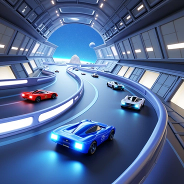 Cars racing on a zero-gravity track inside a massive space station. The cars are sleek and futuristic, with glowing accents and aerodynamic shapes. The track twists and turns through the spacious environment, featuring transparent sections that showcase the vastness of space outside. The interior of the space station has metallic walls with bright lights illuminating the scene. In the background, you can see large observation windows with Earth and other celestial bodies visible. The atmosphere is dynamic, with some cars performing flips and other stunts as they navigate the track.