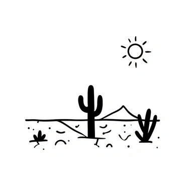A barren desert landscape featuring a single cactus standing tall in the foreground. The ground is cracked and dry, with scattered patches of sand surrounding the cactus. Above, the scorching sun radiates intensely, creating a stark contrast between light and shadow. The sky is clear, devoid of any clouds, emphasizing the harshness of the desert environment.