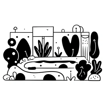 A garden scene filled with various abstract plant forms, showcasing unique shapes and patterns. There are stylized water features, including a smooth pond and flowing fountains, interspersed throughout the garden. The ground is covered with neatly arranged pebbles, and the background features minimalist structures that complement the overall design of the space. The composition emphasizes the contrast between the organic forms of the plants and the geometric lines of the water features.