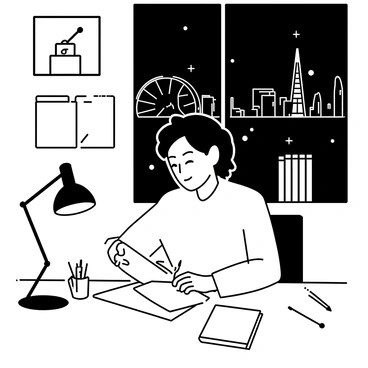 An illustrator sitting at a large wooden desk, focused on their drawing tablet and sketching with a stylus. The room is dimly lit by a desk lamp, casting a warm glow over the workspace. Various art supplies, such as pencils and sketchbooks, are scattered around. The illustrator is wearing a comfortable sweater and has tousled hair. Outside the window, the London skyline is visible, featuring recognizable landmarks like the Shard and the London Eye against the night sky. The city lights are twinkling in the background, adding a sense of life outside.