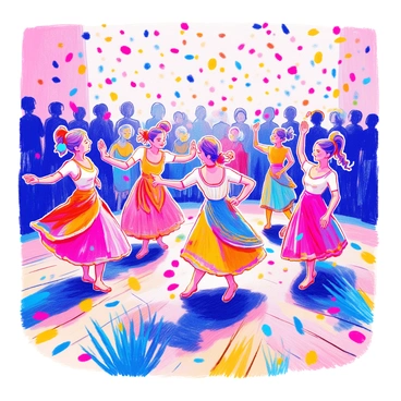 A circle of dancers is moving energetically, their bodies in dynamic poses that convey rhythm and movement. Each dancer has a unique outfit with vibrant patterns and colors, showcasing a mix of traditional and modern styles. The dancers are surrounded by a shower of multicolored confetti falling from above, creating a festive atmosphere. The ground beneath them is a mix of grass and a wooden dance floor, adding texture to the scene. The background features blurred silhouettes of an engaged audience, enhancing the lively environment.