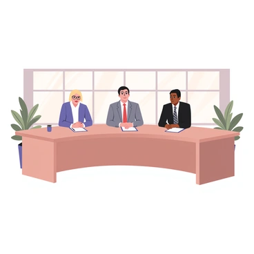 A digital flat illustration depicting a panel of three interviewers sitting behind a long, sleek wooden table. The interviewer on the left has light skin, wears glasses, and is dressed in a blue blazer with a white shirt. The interviewer in the center has medium skin and is wearing a gray suit with a red tie. The interviewer on the right has dark skin, is wearing a black shirt and a patterned tie. Each interviewer has a notepad and a pen in front of them. The bright room features large windows with sunlight streaming in, illuminating the space. The walls are painted a soft white, and there are green plants on either side of the table, adding a touch of color to the scene.