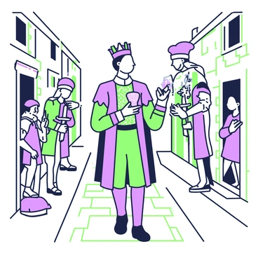 A prince is walking through a village, dressed in an ornate royal outfit adorned with intricate designs. He is flanked by two guards in matching uniforms, holding swords at their sides. The prince is holding a sparkling glass slipper in his right hand, examining it closely as he searches for its owner. Villagers are peeking out from behind their doors and windows, curious about the commotion. The street is lined with quaint cottages, and a cobblestone path is visible beneath the prince's feet. The expressions on the villagers’ faces range from surprise to anticipation as they watch the scene unfold.