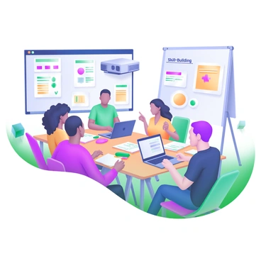 A group of entrepreneurs is gathered in a bright, modern workshop space. They are seated around a large, rectangular table filled with notepads, laptops, and colorful stationery. Each individual is actively engaged, sharing ideas and collaborating on projects. The atmosphere is filled with energy as they exchange insights. On the walls, there are large whiteboards covered in colorful diagrams and notes. A projector displays a presentation on skill-building, showcasing key concepts and visuals. The participants vary in gender and ethnicity, each dressed in professional yet casual attire, creating an inclusive environment.