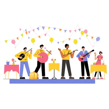 A live music band consisting of four musicians is performing on a small stage. One musician plays a violin, another plays a large drum, a third musician strums a guitar, and the last one plays a flute. Colorful decorations such as balloons and streamers hang around the stage, enhancing the festive atmosphere. A lively audience is clapping and dancing in front of the band, while tables adorned with bright tablecloths and flowers are set up nearby.