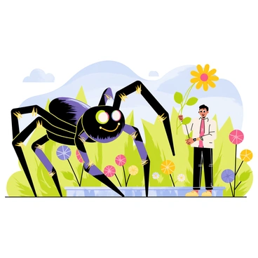 A giant, friendly spider with a smiling face and large, colorful eyes is gently extending one of its legs toward a cautious person. The spider has a shiny, iridescent body with vibrant patterns. The person, looking slightly surprised, has wide eyes and is standing in a garden filled with blooming flowers in various bright colors. The background features lush green plants and a clear blue sky, creating a lively atmosphere. The flower being offered by the spider is a large, bright yellow daisy, contrasting with its dark body.
