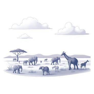 A flat landscape depicting a wildlife safari scene. Various exotic animals, including elephants, giraffes, and zebras, are roaming freely across the terrain. The sky above is bright and expansive, filled with fluffy clouds. Sparse vegetation and grassland are scattered throughout the scene, creating a natural habitat for the animals. Some animals are grazing while others are moving in herds, showcasing a dynamic and lively atmosphere.