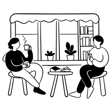 A cozy café scene features several patrons sitting at wooden tables. One patron holds a steaming cup of coffee while reading a book, engrossed in the pages. Another patron, sitting by the window, has a notebook and pen, passionately writing notes. A small table nearby has a plate with a pastry resting next to an open book. The café's window displays a few potted plants on the sill, and the interior includes shelves filled with books lining the walls.