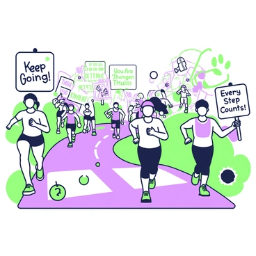 A lively marathon route is filled with enthusiastic spectators and runners. Along the path, colorful signs are scattered, each displaying a unique motivational quote. One sign reads "Keep Going!" adorned with cheerful illustrations, while another exclaims "You Are Stronger Than You Think!" decorated with a small figure running. A third sign states "Every Step Counts!" featuring a creative design of footprints. The background is filled with runners of various ages and fitness levels, all focused on completing the race, creating a vibrant and energetic atmosphere.