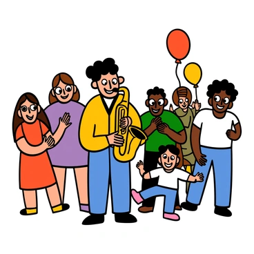 A lively street musician with light skin and short curly hair is passionately playing a saxophone. He is wearing a bright yellow shirt and blue jeans. Around him, a crowd of diverse spectators is gathered, smiling and swaying to the music. There are a woman with big eyes and long brown hair wearing a red dress, a man with big eyes and short black hair in a white t-shirt, and a child with big eyes and curly hair holding a balloon. The scene is vibrant, capturing the joy and energy of the performance.
