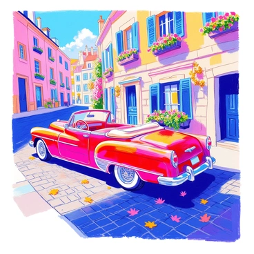 A classic red convertible is parked on a cobblestone street. The car's shiny exterior reflects the sunlight, highlighting its sleek curves and chrome details. Surrounding the car are quaint stone buildings with colorful flower boxes under the windows. A few scattered leaves are visible on the cobblestones, adding to the charming atmosphere. In the background, a clear blue sky complements the vibrant red of the convertible.