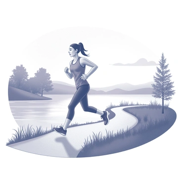 A jogger is running along a winding lakeside path. The figure is dressed in athletic gear, with a focused expression, depicting determination and energy. The path is bordered by tall grasses and a few trees gently swaying in the morning breeze. In the background, the calm lake reflects the soft light of the rising sun, creating a tranquil atmosphere. The sky above shows hints of light, suggesting the early hours of the day as the jogger continues their routine along the scenic route.