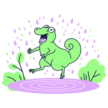 A grenouille is jumping joyfully in a series of puddles created by a gentle rain shower. Water droplets are falling all around, creating concentric ripples in each puddle. The grenouille has its mouth open in a wide smile, showcasing its delight. Its skin appears glossy from the moisture, and its limbs are poised in mid-air as it leaps from one puddle to another. Surrounding the scene, there are green leaves glistening with raindrops, and the background features blurred outlines of trees and bushes.