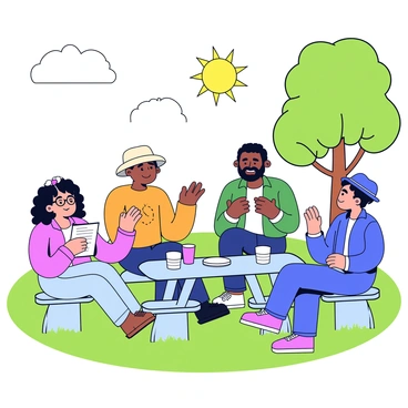 A group of diverse people gathered in a park, engaged in a discussion about community initiatives to lower CO2 levels. In the center, there are five individuals of varied ethnic backgrounds: a woman with curly hair and glasses holding a clipboard, a man with a beard gesturing enthusiastically, and a person wearing a hat listening intently. Around them, there are trees visible in the background, and a few picnic tables nearby. Each individual appears focused and animated, with notebooks and coffee cups scattered on the tables. Bright green grass covers the ground, and the sun is shining down on the scene.