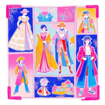 A collage displays a variety of fashion styles and trends from different eras. The upper left section features a classic Victorian dress with intricate lace details and a wide-brimmed hat. Adjacent to it, the flapper dress from the 1920s is shown complete with fringe and pearls. In the center, a 1980s power suit with bold shoulder pads and vibrant colors stands out. The bottom left showcases a 1970s bohemian outfit with flowing fabrics and patterns, while the bottom right corner presents a modern streetwear look with oversized clothing and sneakers. Each section is bordered with decorative elements that reflect the respective era.