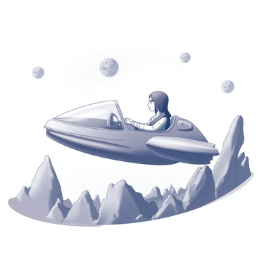 A person sitting in a cockpit, piloting a small, sleek spacecraft. The spacecraft has a streamlined design, featuring a curved canopy that offers a panoramic view. Below, the alien planet's surface is visible, showcasing an array of unusual geological formations. Jagged mountain ranges rise dramatically, while strange vegetation with unique shapes and textures dot the landscape. The sky above the planet is filled with multiple moons casting distinct shadows across the terrain. The pilot's focused expression indicates concentration and determination as they navigate through the atmosphere.