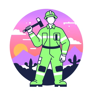 A firefighter is standing, holding an axe in his right hand. He is wearing a helmet and protective gear, with his left hand resting on his hip. The scene is set against a dramatic sunset, where the sky is filled with vibrant hues. The silhouette of the firefighter stands out clearly, outlined against the colors of the sunset. In the background, there are wispy clouds catching the light and the outline of distant trees can be seen. The firefighter's stance conveys a sense of readiness and determination.