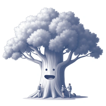 A massive, old tree stands prominently in a clearing. Its thick trunk is gnarled and textured, demonstrating years of growth and resilience. The tree has large branches that spread outwards, adorned with an abundance of leaves. Nestled within the bark, two deep-set, expressive eyes are carved, giving the tree a wise appearance. Below the eyes, a gentle, kind smile is sculpted into the wood, conveying a sense of warmth and welcome. At the base of the tree, travelers can be seen pausing to lean against the trunk, seeking the tree's guidance. The scene captures the interaction between the tree and the travelers, emphasizing the nurturing presence of nature.