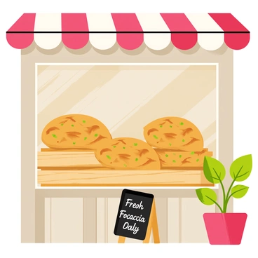 An old-fashioned Italian bakery displaying focaccia in the window
