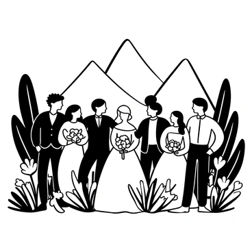 A bridal party composed of elegantly dressed individuals posing together. They are surrounded by lush greenery and wildflowers, with proud mountain peaks rising dramatically in the background. The group stands in a variety of poses, showcasing their formal attire. Each member holds a bouquet, enhancing the celebratory atmosphere. The scene captures the grandeur of the mountains and the joy of the occasion, creating a harmonious blend of nature and celebration.