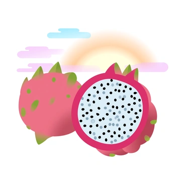 A dragonfruit is cut open, revealing its unique speckled interior filled with tiny black seeds and vibrant pink or white flesh. The dragonfruit is positioned prominently in the foreground, showcasing its textured skin and intricate details. In the background, a sunrise casts gentle gradient pastel colors across the sky, blending soft hues of orange, pink, and light blue. The warm light from the sunrise highlights the dragonfruit, creating a striking contrast with the soft colors of the dawn.