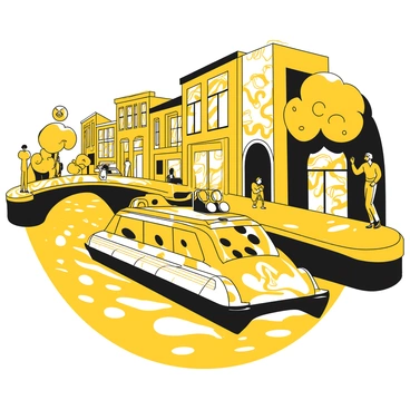 A water taxi with its exterior covered in vibrant graffiti art, sailing through an artistic district