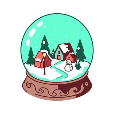 A teal snow globe sits on a wooden table, containing a miniature snowy town within. The town features small houses with red rooftops, surrounded by snow-covered trees. Tiny snowflakes appear to drift inside the globe, creating a wintry scene. A small, glowing street lamp illuminates a pathway leading through the town, while a little snowman stands cheerfully in front of one of the houses. The base of the snow globe is decorated with intricate carvings, adding to its enchanting appearance.