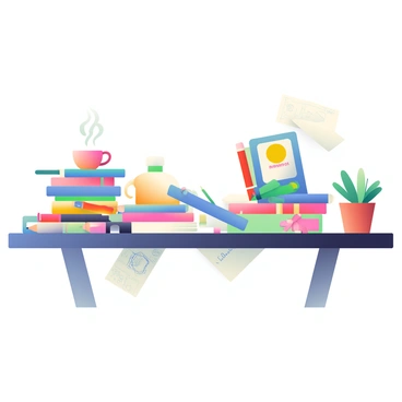 An illustrator's desk cluttered with colorful pencils, sketchbooks, and a steaming cup of coffee