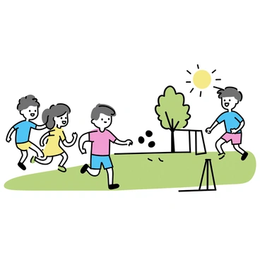 A group of four children is playing a friendly soccer match on a grassy park field. Two boys, one wearing a blue shirt and the other in a red shirt, are actively dribbling a black and white soccer ball. A girl in a yellow dress is running alongside them, cheering enthusiastically. The fourth child, a girl in a green t-shirt, is positioned near a makeshift goal, ready to defend. The sun is shining brightly, casting soft shadows on the grass. Trees are gently swaying in the background, adding to the lively atmosphere of the park.