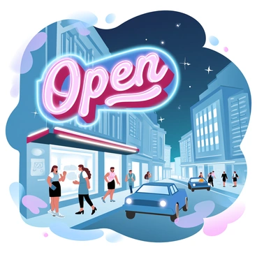 A glowing vintage neon sign illuminating a busy street in a city at night. The sign features bold letters spelling out "Open" in vibrant colors of pink and blue. Surrounding the sign, various buildings with detailed architectural designs can be seen, their windows reflecting the neon light. People in stylish outfits walk along the sidewalk, some stopping to admire the sign. Cars glide by, their headlights casting soft glows on the pavement. The sky above is a deep indigo, dotted with a few stars.