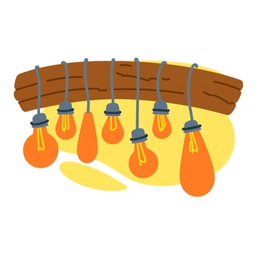 A collection of vintage-style light bulbs hanging from a rustic wooden beam. The light bulbs are of various shapes, including round, elongated, and teardrop forms, with warm, glowing filaments visible inside. The wooden beam is textured and weathered, exhibiting rich brown tones with visible knots and grains. Several metal clips secure the bulbs to the beam, adding an industrial touch. The scene is filled with a soft, warm light that creates inviting shadows against the surrounding surfaces.
