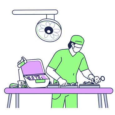 A medical professional assembling a portable surgical kit in an operating room