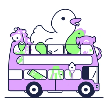A double-decker bus is parked on a street, showcasing a variety of unusual and oversized cargo. On the upper deck, a giant rubber duck is prominently displayed, taking up much of the space, with its bright features clearly visible. Next to the duck, there are large stuffed animals, including a purple giraffe and a green elephant, all peeking over the edge of the bus. The lower deck is filled with oversized kitchen utensils, such as a massive green whisk and a purple ladle, arranged neatly. The bus itself is adorned with an intricate design, enhancing the playful scene.