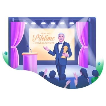A modern pastel illustration of "Ratan Tata" standing on stage, holding a prestigious "Lifetime Achievement Award" in his hands. He is dressed in a formal suit, looking proud and smiling warmly. The stage is decorated with elegant curtains and bright spotlights shining down on him. To one side, there is a podium with a microphone, and in the background, a large banner displays the text "Lifetime Achievement Award" in elegant lettering. The audience can be seen in the foreground, clapping and smiling, celebrating the moment.