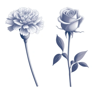 A side-by-side comparison of a carnation and a rose. On the left, a carnation with layered, ruffled petals and a slight frill along the edges. The petals are densely packed and exhibit a symmetrical arrangement. On the right, a rose with a classic spiral shape, showcasing a more open bloom with elongated petals that curve outward. The rose's petals are smooth and velvety, creating a distinct contrast to the textured appearance of the carnation. Both flowers are displayed on sturdy green stems with leaves that accentuate their unique characteristics.