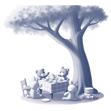 A large tree with a thick trunk and sprawling branches provides shade for a whimsical tea party. A checkered tablecloth is spread across a small wooden table, adorned with delicate teacups and a teapot. Several stuffed animals are seated around the table, including a teddy bear, a bunny, and a fox, each positioned in an inviting manner. The table is filled with an assortment of treats such as cookies and sandwiches, with some plates stacked nearby. Sunlight filters through the leaves of the tree, creating a dappled light effect on the scene.
